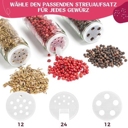 Happy Lemuro Spice Jars Round [24 x 100 ml] 435 Labels in German | Spice Containers with Wooden Lids & Accessories - Airtight - Set of 24 Spice Jars, Spice Storage Jars.