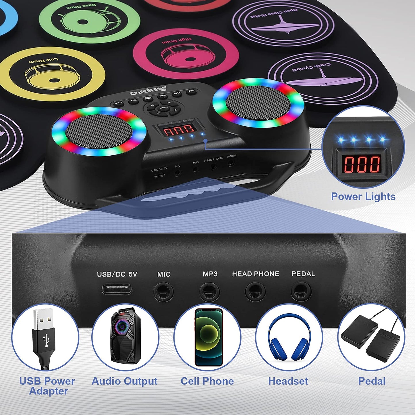 Anpro Nine-Sided Electronic Color Drum Kit, 8PCS Drum Practice Set, portable electric drum, built-in audio with headphone jack, LED color screen, Best Birthday Gift