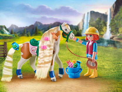 PLAYMOBIL Horses of Waterfall 71639 Ellie & Horse with styling iron, including hair accessories for creative horse hairstyles and two real silicone bracelets, sustainable toy for kids ages 5 and up.