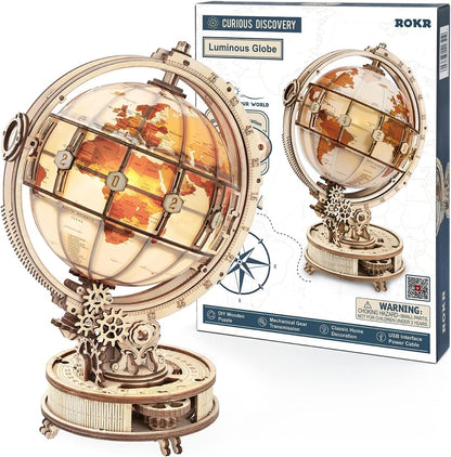 3D wooden puzzle for adults, wooden model light-up globe model kit with LED light. Rotating luminous globe wooden construction set as decoration, gift (180 pieces)