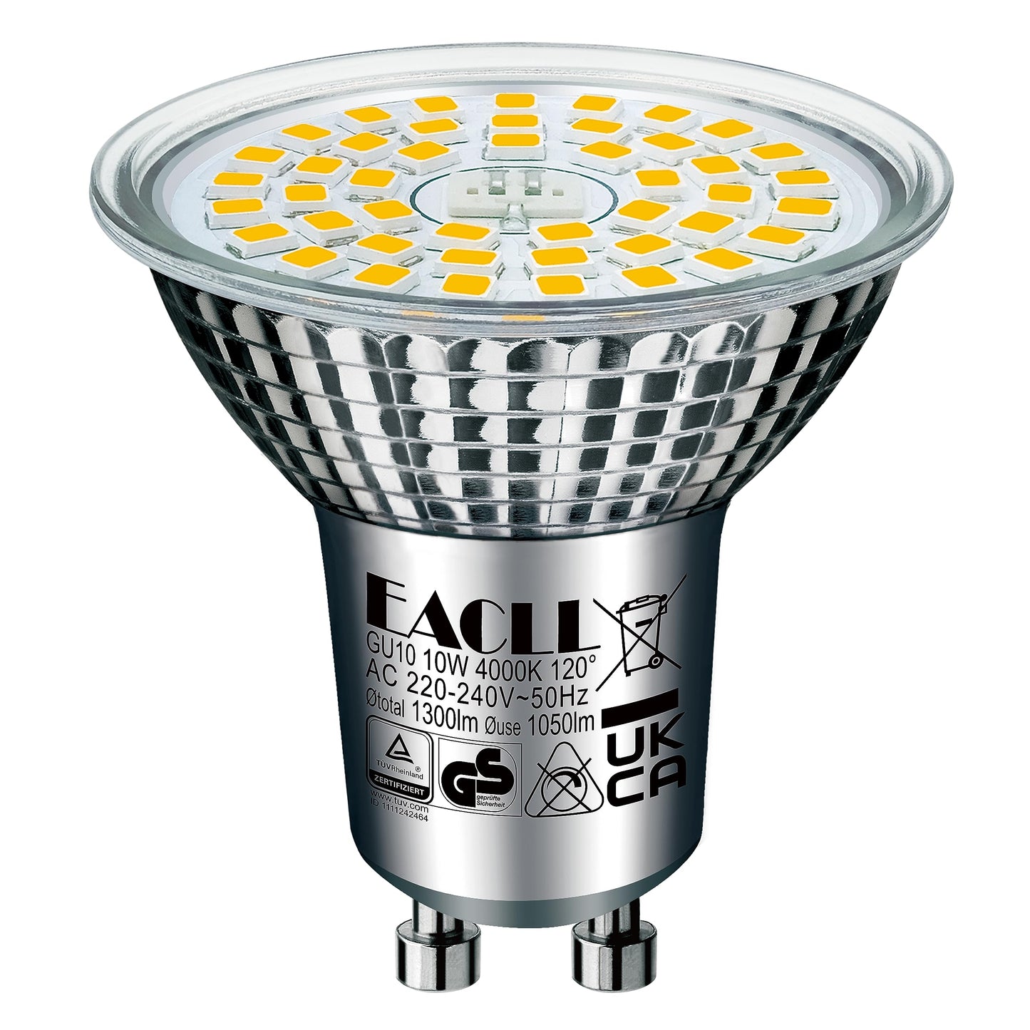 EACLL GU10 LED 4000K 10 Watt replaces 140W halogen bulbs, 6-pack. Neutral white 1050 lumens bulbs, AC 230V flicker-free spotlight, 120-degree beam angle. Non-dimmable reflector lamps.