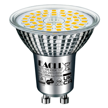 EACLL GU10 LED 4000K 10 Watt replaces 140W halogen bulbs, 6-pack. Neutral white 1050 lumens bulbs, AC 230V flicker-free spotlight, 120-degree beam angle. Non-dimmable reflector lamps.