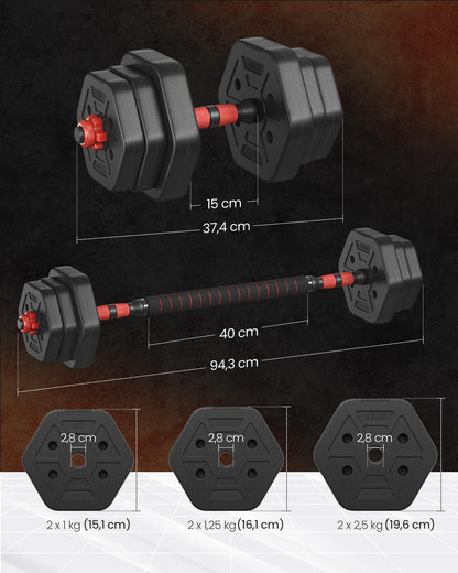 SONGMICS dumbbell set, dumbbells with connecting rod, hexagon, dumbbell set, 10 kg, for workout, fitness training, weightlifting at home, gym, ink black SYL100B01