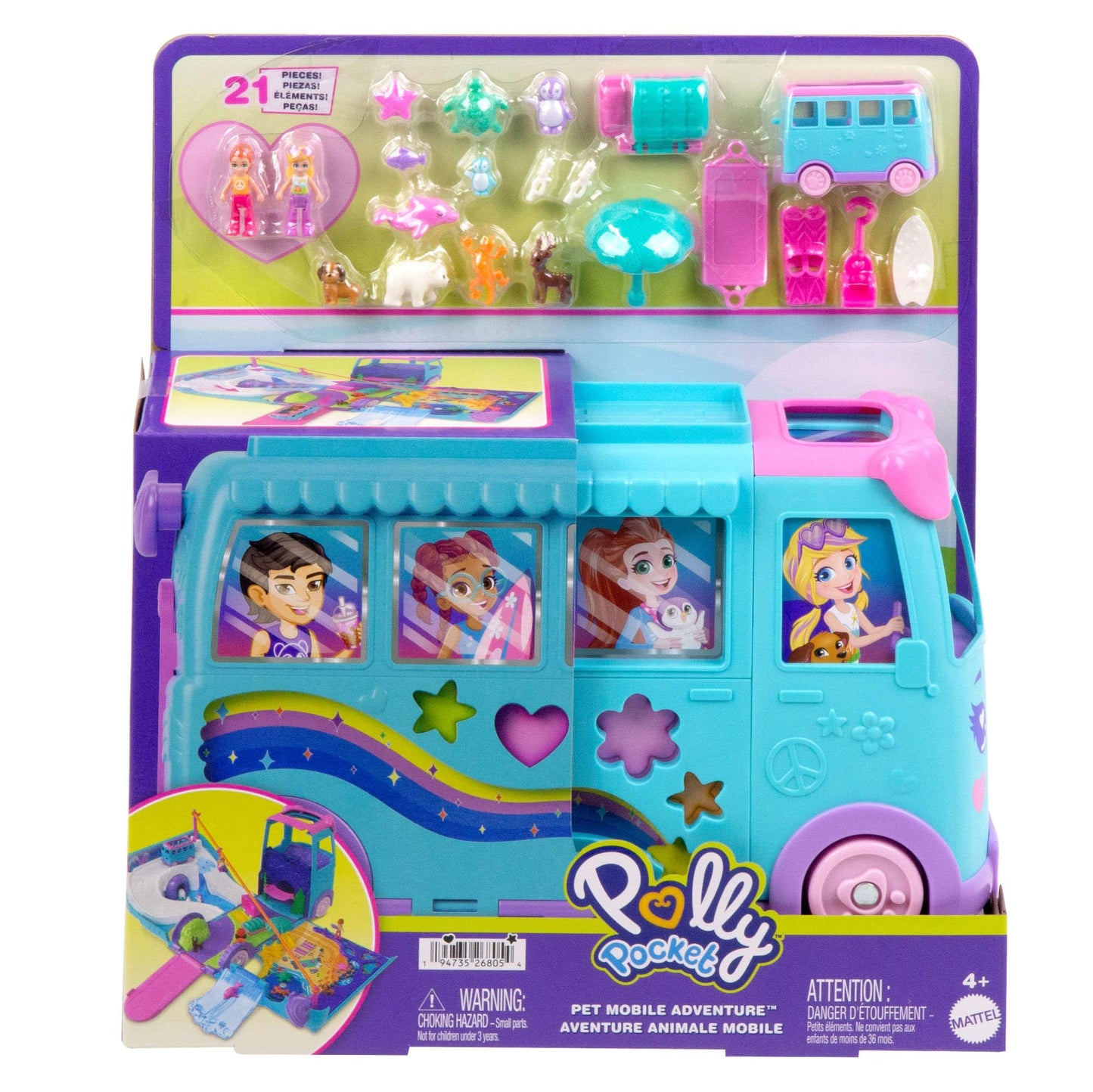 Polly Pocket micro dolls and convertible camper, with accessories like pets and toy car, on-the-go pet adventure playset, JCC22.