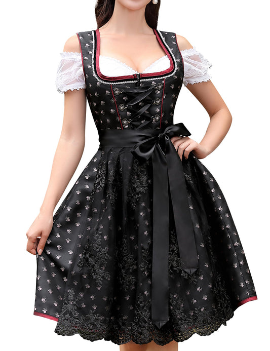 Clearlove dirndl women midi elegant short dirndl dress 3-piece set including dirndl dress, dirndl apron, and dirndl blouse for Oktoberfest (A-Black, 34).