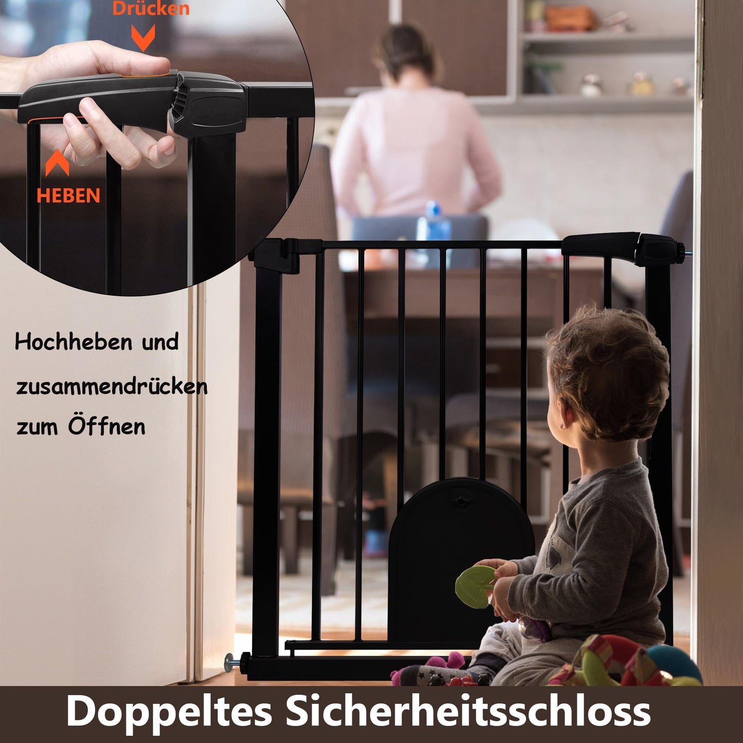 YRHome door guard without drilling stair gate stair guard for children baby gate with sliding door for dogs & cats Auto-Close 180° Two-way opening baby safety gate, 95-105 cm, Black