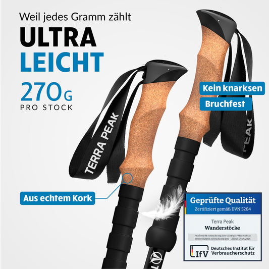 Terra Peak hiking poles, telescopic aluminum, ultra-lightweight - adjustable trekking and Nordic walking sticks for men and women with rubber tips, cork handle.