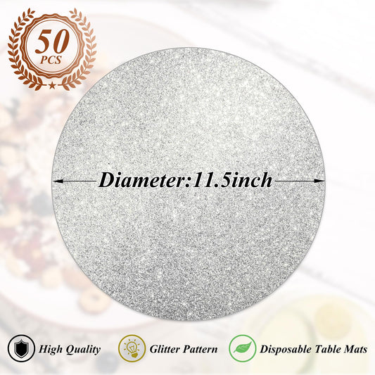 50 pieces silver glitter paper placemats, sparkling, round, disposable placemats, silver sequin doilies, decorative placemats for wedding, banquet, party, home, dinnerware