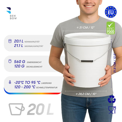 BenBow Bucket with Lid 20L White 5X 20 liters - food-safe, sturdy, airtight, leak-proof - plastic storage container with metal handle - empty