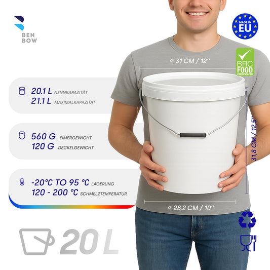 BenBow Bucket with Lid 20L White 5X 20 liters - food-safe, sturdy, airtight, leak-proof - plastic storage container with metal handle - empty