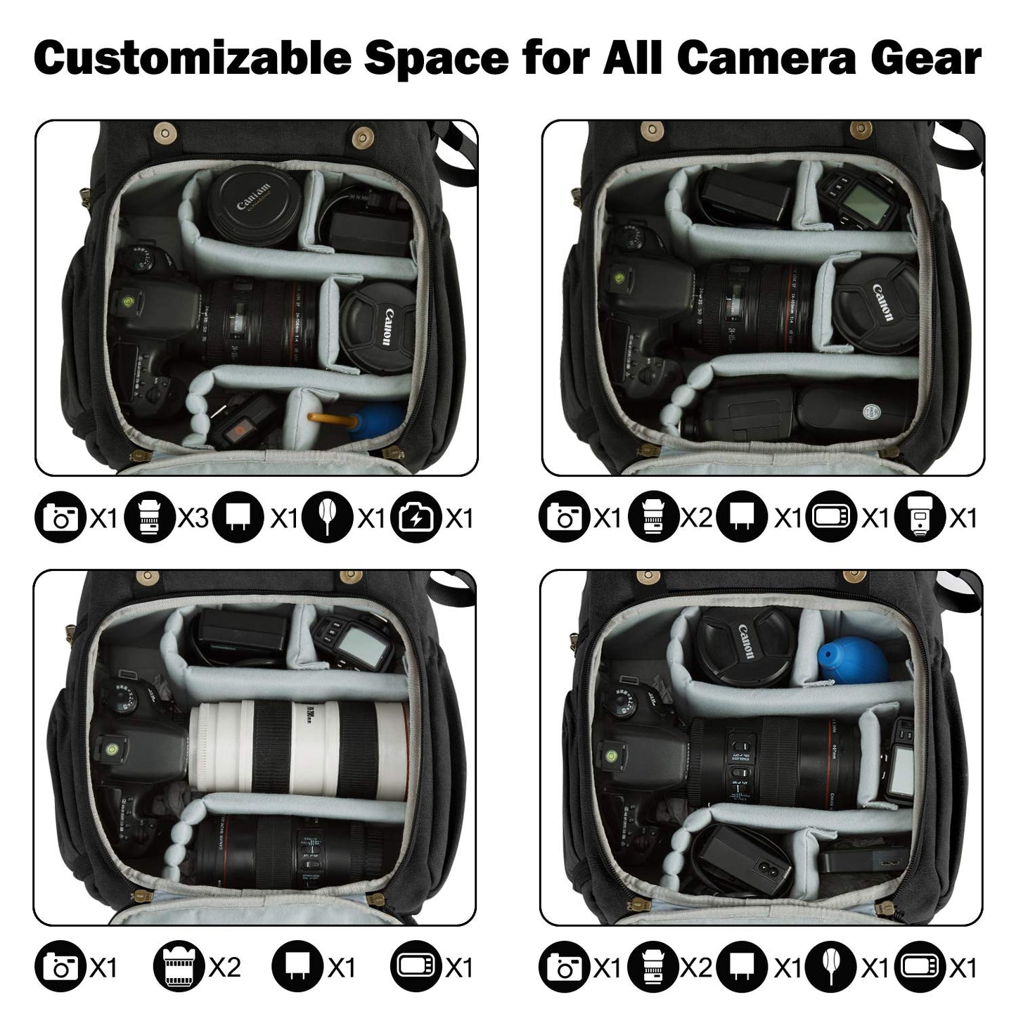 Bagsmart camera backpack for DSLR with canvas material, theft-proof and water repellent design. Fits 15 inch laptop, camera, lenses, accessories, and tripod. Includes rain cover.
