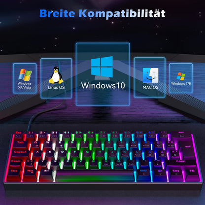 TECURS Mechanical Gaming Keyboard, Mechanical Keyboard 60 Percent QWERTZ Red Switches for PC Gamers and Work, 61 Keys Wired Keyboard for PC Windows/PS5/PS4, Black