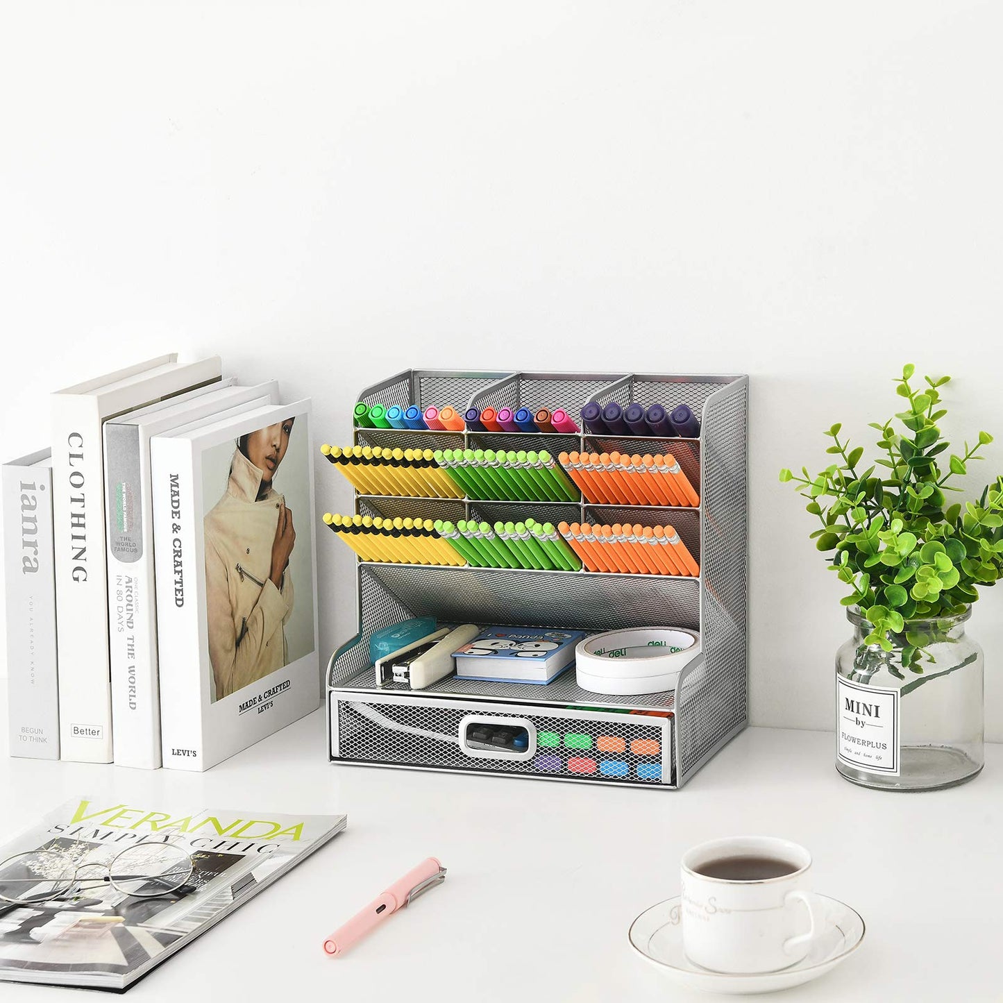 Marbrasse Mesh Desk Organizer, Multifunctional Pencil Holder, Desk Organizer, Storage Shelf for School and Home Office Supplies (Silver with Drawer)