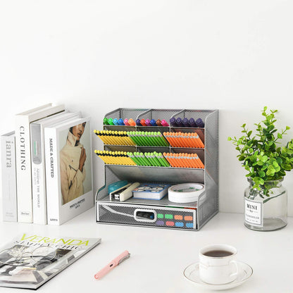 Marbrasse Mesh Desk Organizer, Multifunctional Pencil Holder, Desk Organizer, Storage Shelf for School and Home Office Supplies (Silver with Drawer)