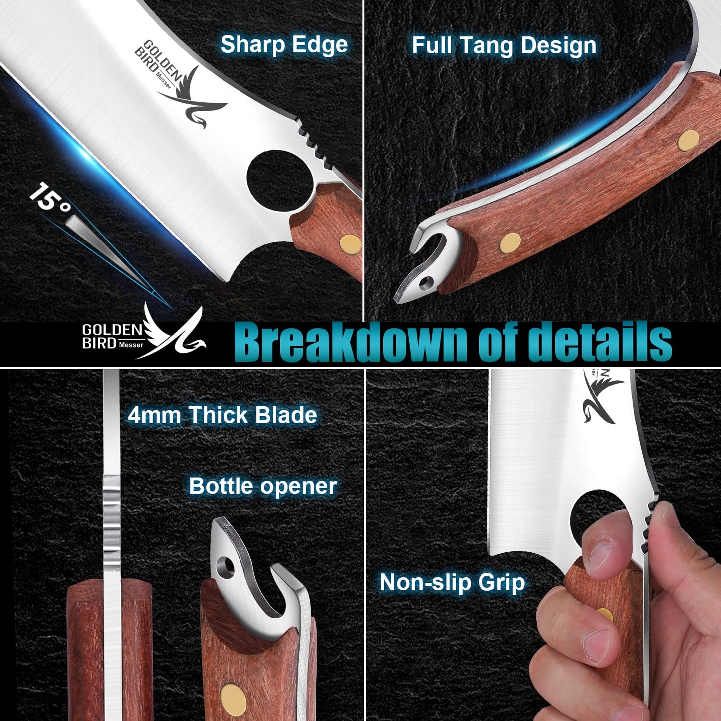 Golden Bird Japanese knife Full Tang Chef Knife Professional knife Forged in fire Sharp kitchen cleaver with sheath Gift box Bottle opener Cleaver Kitchen knife for outdoor camping