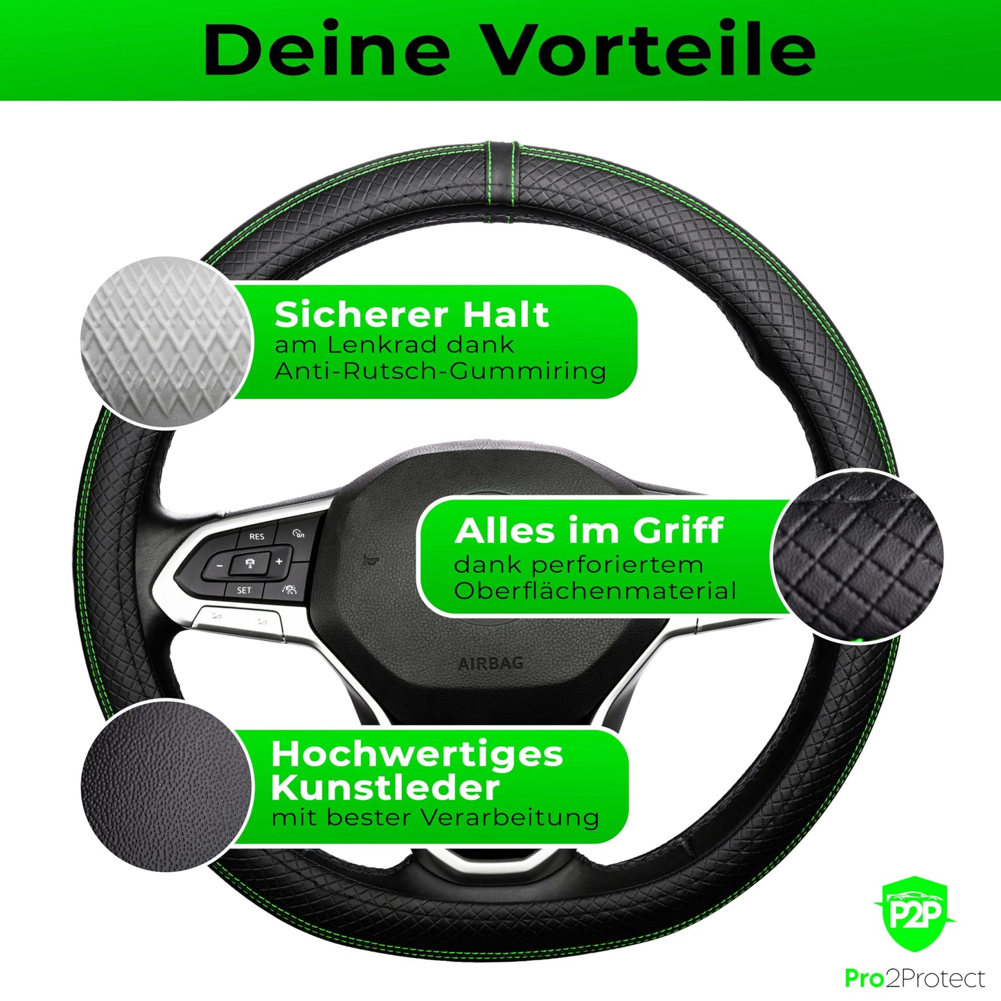 [2X Test VERY GOOD] Pro2Protect Steering Wheel Cover Leather | Car Interior Accessories | Steering Wheel Covers Grand Tour | Steering Wheel Protectors Car | Steering Wheel Cover Steering Wheel Protection | Car Accessories Gifts for Women and Men