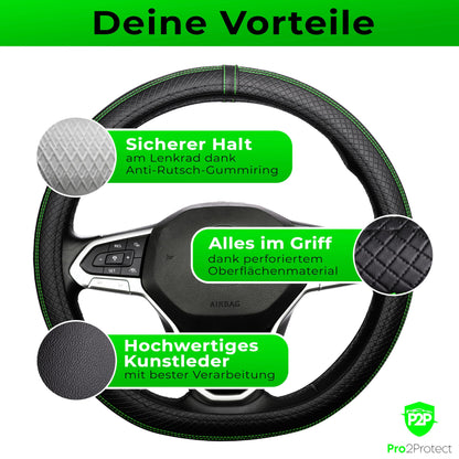 [2X Test VERY GOOD] Pro2Protect Steering Wheel Cover Leather | Car Interior Accessories | Steering Wheel Covers Grand Tour | Steering Wheel Protectors Car | Steering Wheel Cover Steering Wheel Protection | Car Accessories Gifts for Women and Men