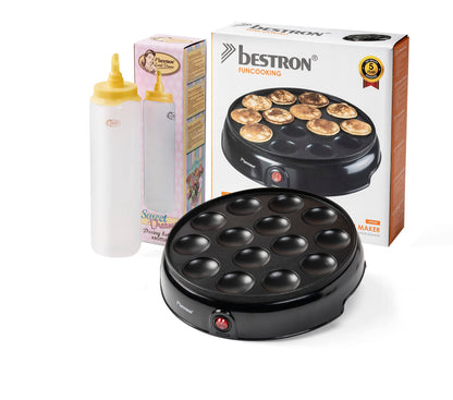 Bestron Poffertjes Maker, value pack including batter bottle for 700ml, perfect for Christmas, Easter, or children's birthdays, retro design, 800 watts, color: black/yellow.