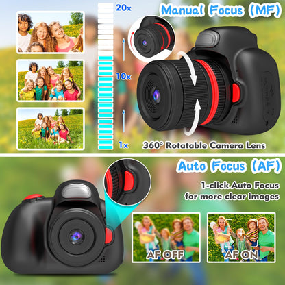 BaFuland Kids Camera, 2.4 inch screen digital camera for kids with 32GB card, 28MP/1080P children's camera selfie with 360° rotatable zoom, gifts for boys & girls aged 3-12 years (black)