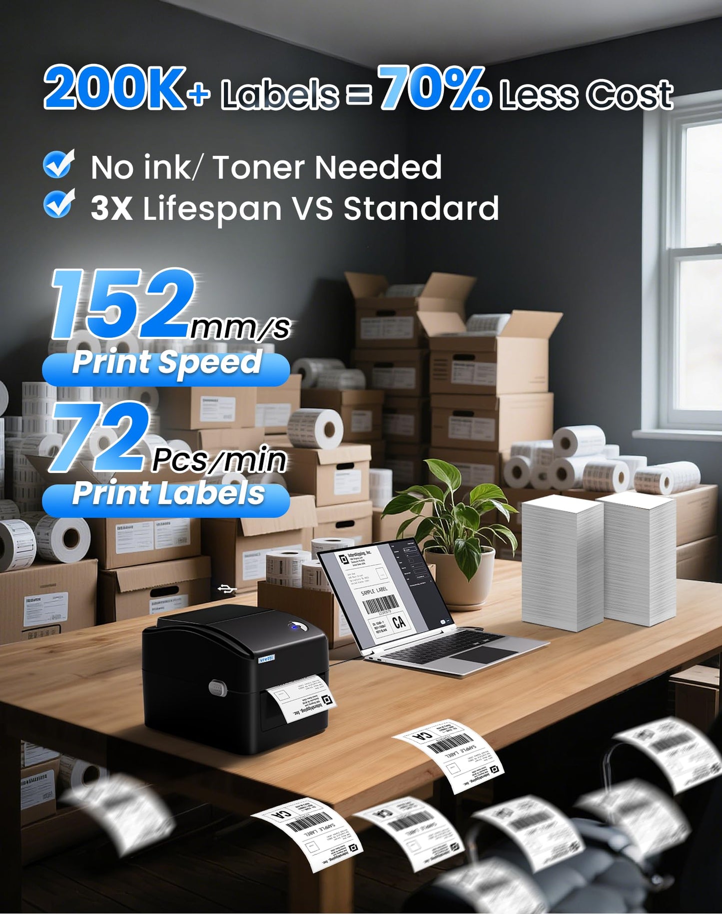 Vretti USB label printer with XXL paper tray - label printer for DHL shipping labels, compatible with Windows/mac/ChromeOS/Linux, 99.99% barcode scan rate, without separate holder.