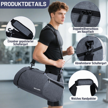 BECOJADDE Sports Bags for Women and Men, 25L Travel Duffel Bag Overnight Bag with Shoe Compartment & Wet Pocket, Waterproof Carry-On Bag for Sports, Gym, Swimming, Gray