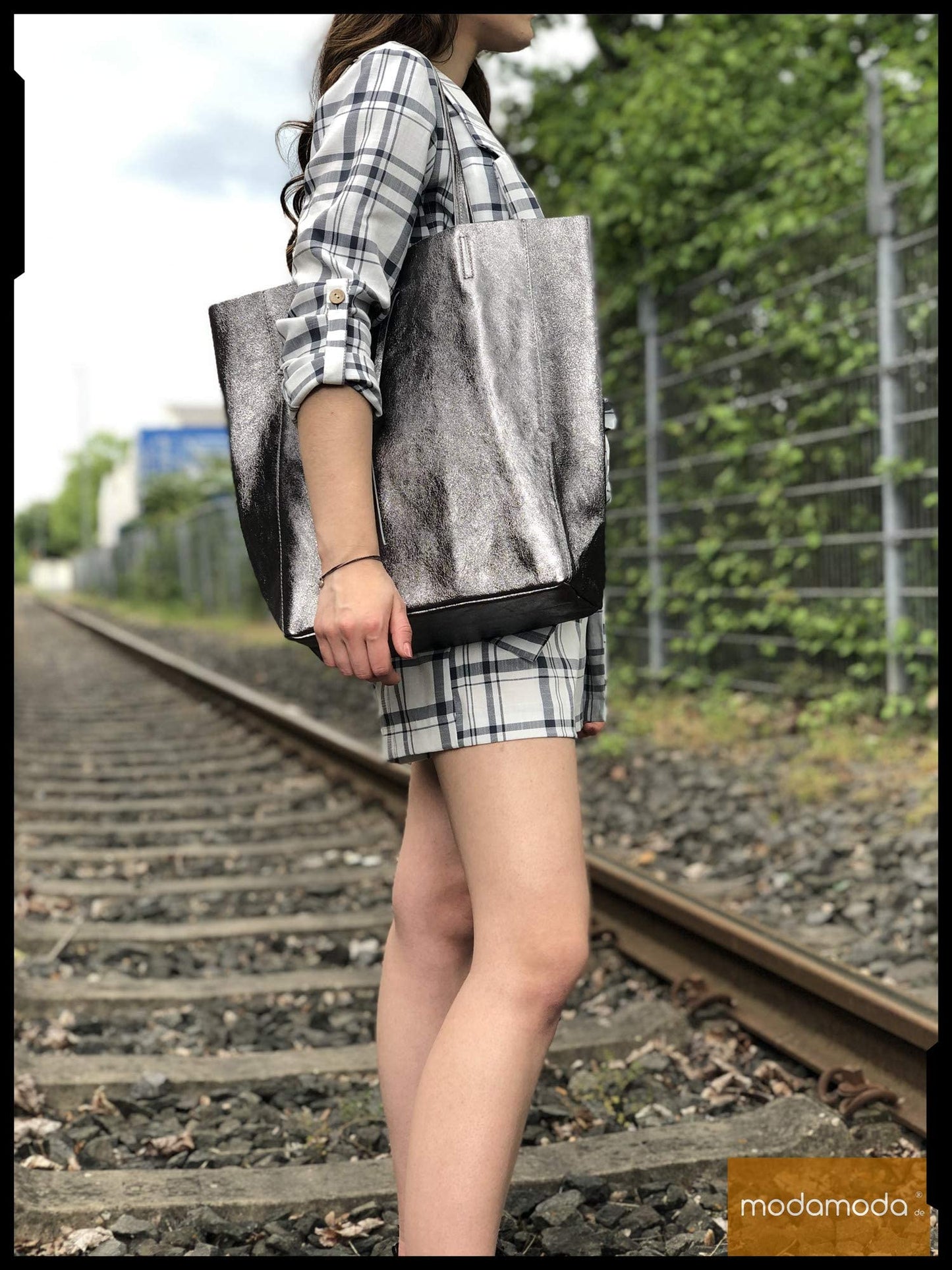 modamoda de T163 Women's Leather Shopper Shoulder Bag Large with Inner Pocket handmade in Italy, Color: Gray-green