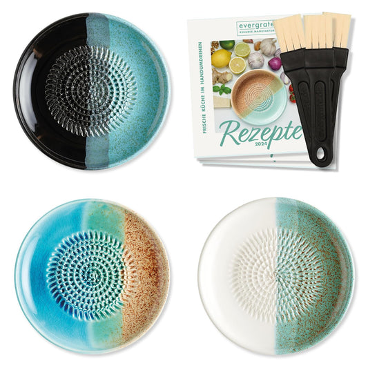 evergrate ceramic grater 3-piece gift set - Midnight, Ocean, Ice with kitchen brushes and recipe booklets