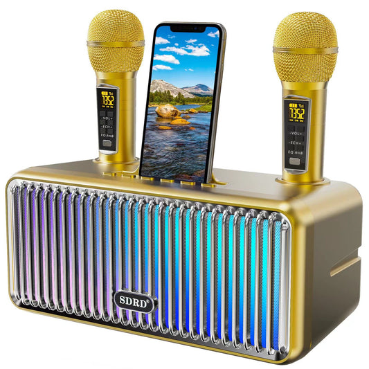 Karaoke machine for adults and kids, portable Bluetooth speakers with 2 UHF wireless microphones Karaoke speaker PA system with colorful gradient LED lights for home parties - Gold