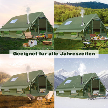 Inflatable camping tent, 420D Oxford Glamping Inflatable tent for camping with fireplace opening & roof window, 4 Season Windproof Anti-UV Oxford Cabin tent with mesh windows & doors for 6-12 people.