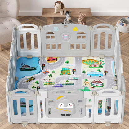 Izrielar Playpen Foldable Play Yard Baby Playpen Activity Center Playpen, Plastic Child Safety Gate with Crawling Mat and Story Machine, 14 Panels Gray and White