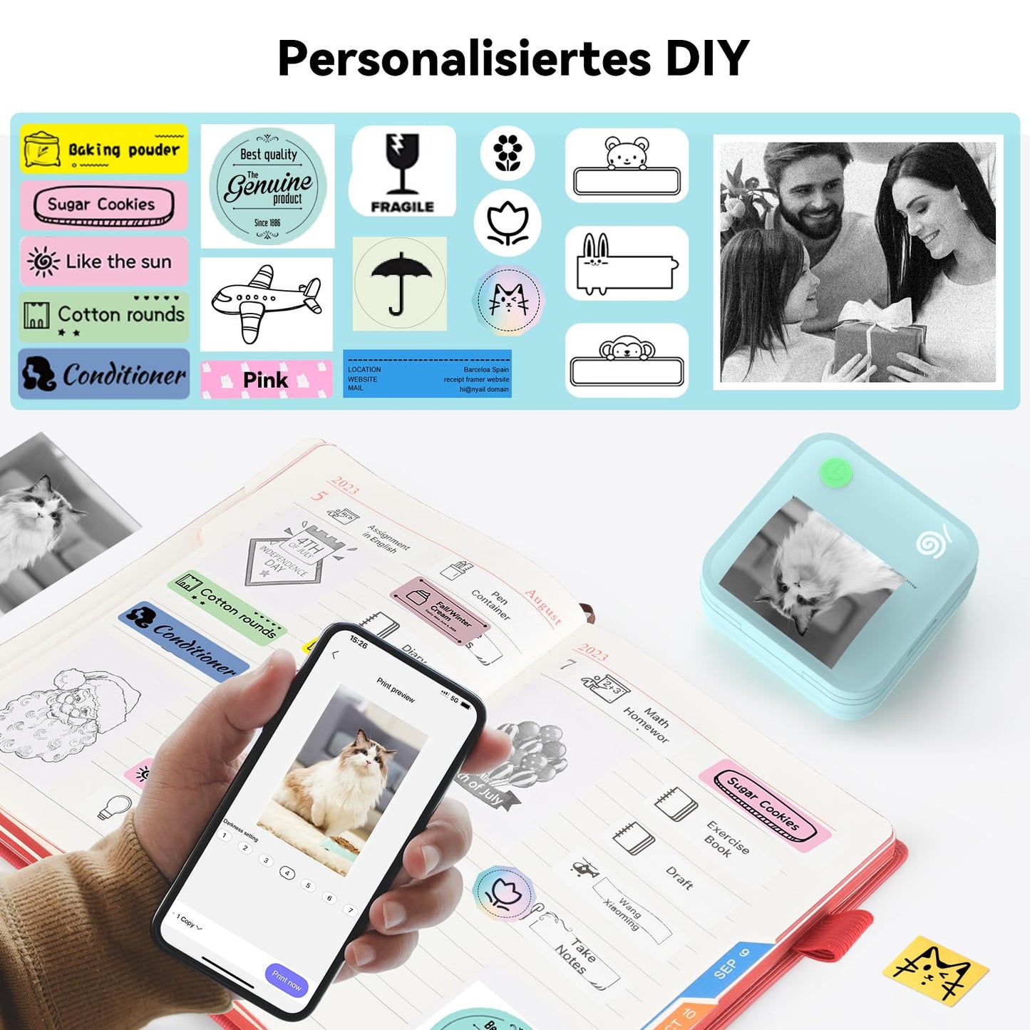 BeatCat Mini Label Printer with Tape - Bluetooth label printer for home and office organization, portable thermal sticker printer with various templates for smartphones (Blue)