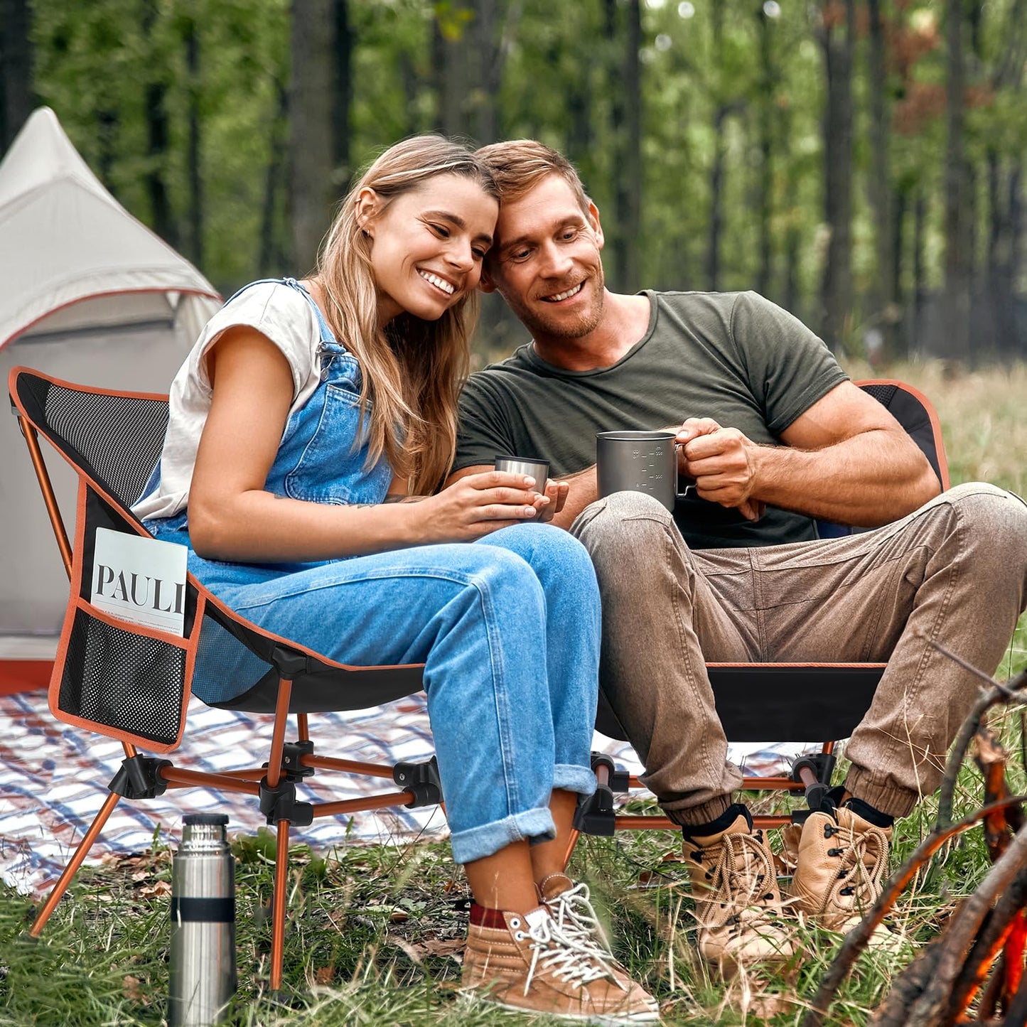 Sportneer folding camping chair is lightweight and portable, supporting up to 150kg. Compact and easy to carry with a carrying bag, perfect for picnics, outdoor activities, and hiking. Available in orange.