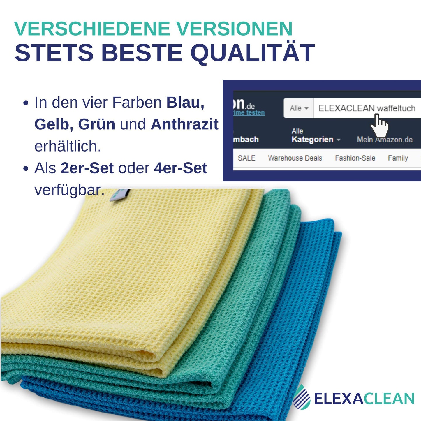 ELEXACLEAN Microfiber Drying Towel, Premium Waffle Cloth (4 pieces, 60x40 cm, Green) super soft quality for car, glass, kitchen, dishes, bathroom.