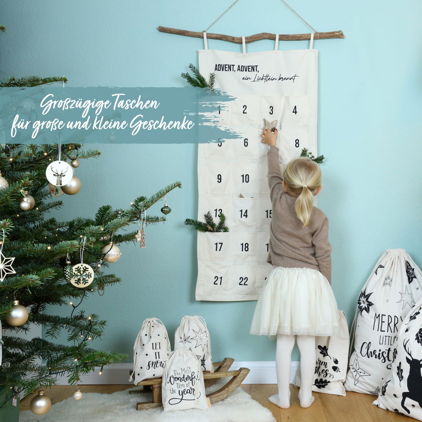 Paper Dragons fabric Advent calendar 2024 for filling - a little light is burning - high quality embroidered - fabric bags for decorating yourself - gift pouches - reusable tapestry set No. 31