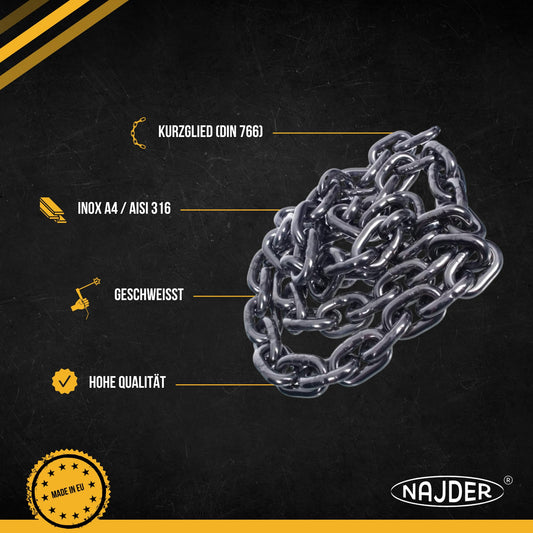 NAJDER stainless steel chain 5m, stainless chain, safety chain, chain for hanging chairs, barrier chains, Max 1180kg, 5mm x 5m, DIN 766, Thickness 5mm, Stainless Steel A4, Inox, AISI 316, Premium Quality