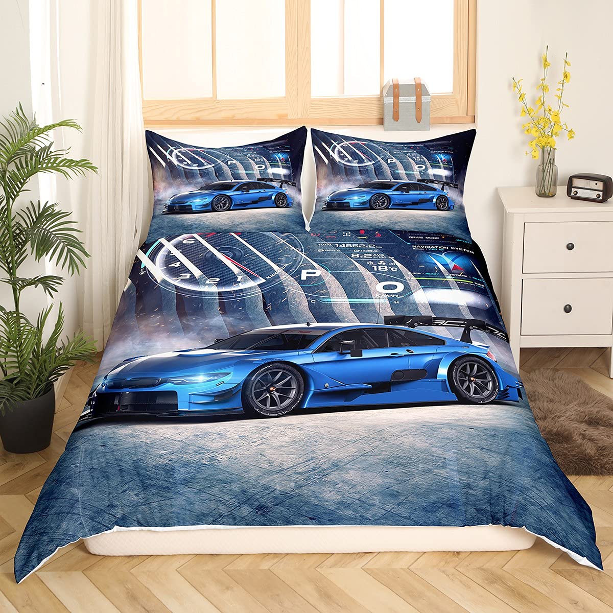 Race car duvet cover sets for twin beds, boys' speed sports automobile bedding set includes comforter cover and 1 pillowcase, perfect for manly bedroom decor in blue and gray.