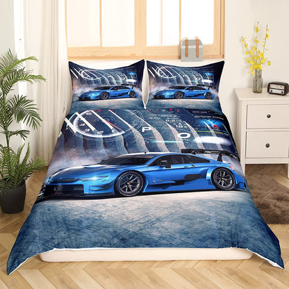 Race car duvet cover sets for twin beds, boys' speed sports automobile bedding set includes comforter cover and 1 pillowcase, perfect for manly bedroom decor in blue and gray.