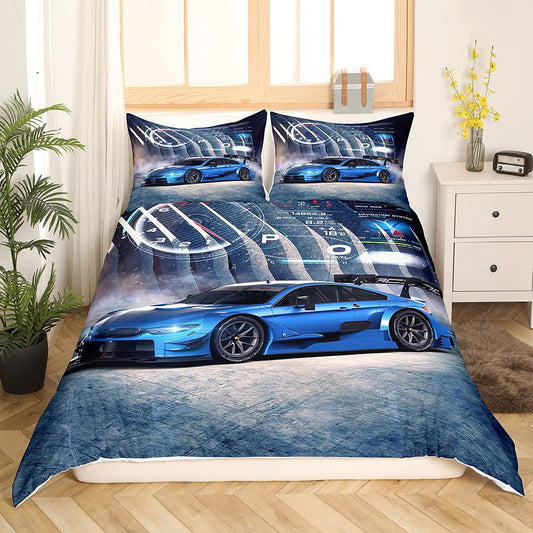 Race car duvet cover sets for twin beds, boys' speed sports automobile bedding set includes comforter cover and 1 pillowcase, perfect for manly bedroom decor in blue and gray.
