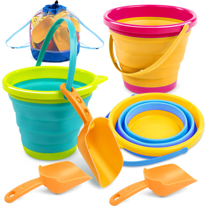 JOYIN 3 Pack Foldable Bucket with Shovels (Bonus Mesh Bag), Foldable Bucket Multipurpose for Beach, Beach Gear, Sandbox Toys