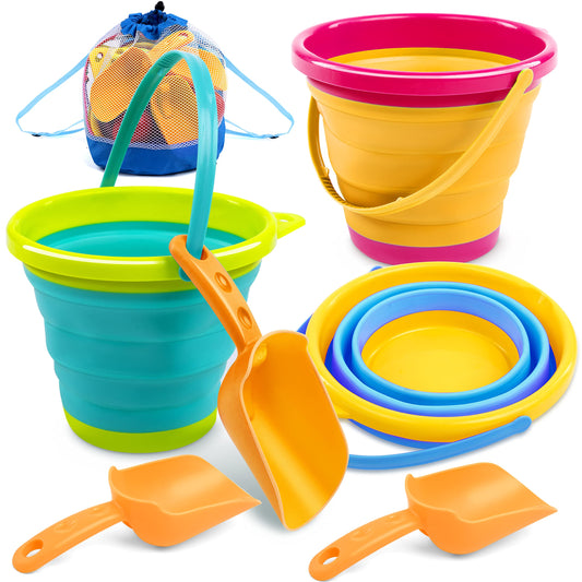 JOYIN 3 Pack Foldable Bucket with Shovels (Bonus Mesh Bag), Foldable Bucket Multipurpose for Beach, Beach Gear, Sandbox Toys