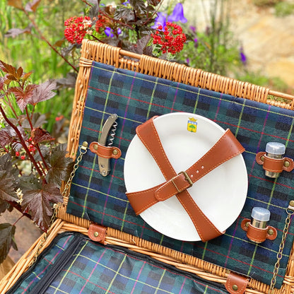Les Jardins de la Comtesse - Picnic Basket Trianon Green - Leather Straps - Complete for 2 People - Cooler Compartment - Ceramic Plates and Wine Glasses - 40 x 30 x 23 cm