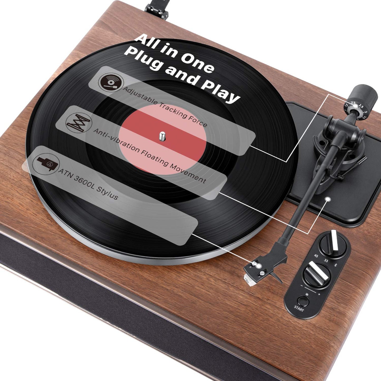 1 by ONE Turntable with Built-in Speakers Bluetooth 33/45 RPM Belt Drive MM Vinyl Record Player with Auto-Stop Function Phono Preamp