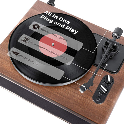 1 by ONE Turntable with Built-in Speakers Bluetooth 33/45 RPM Belt Drive MM Vinyl Record Player with Auto-Stop Function Phono Preamp