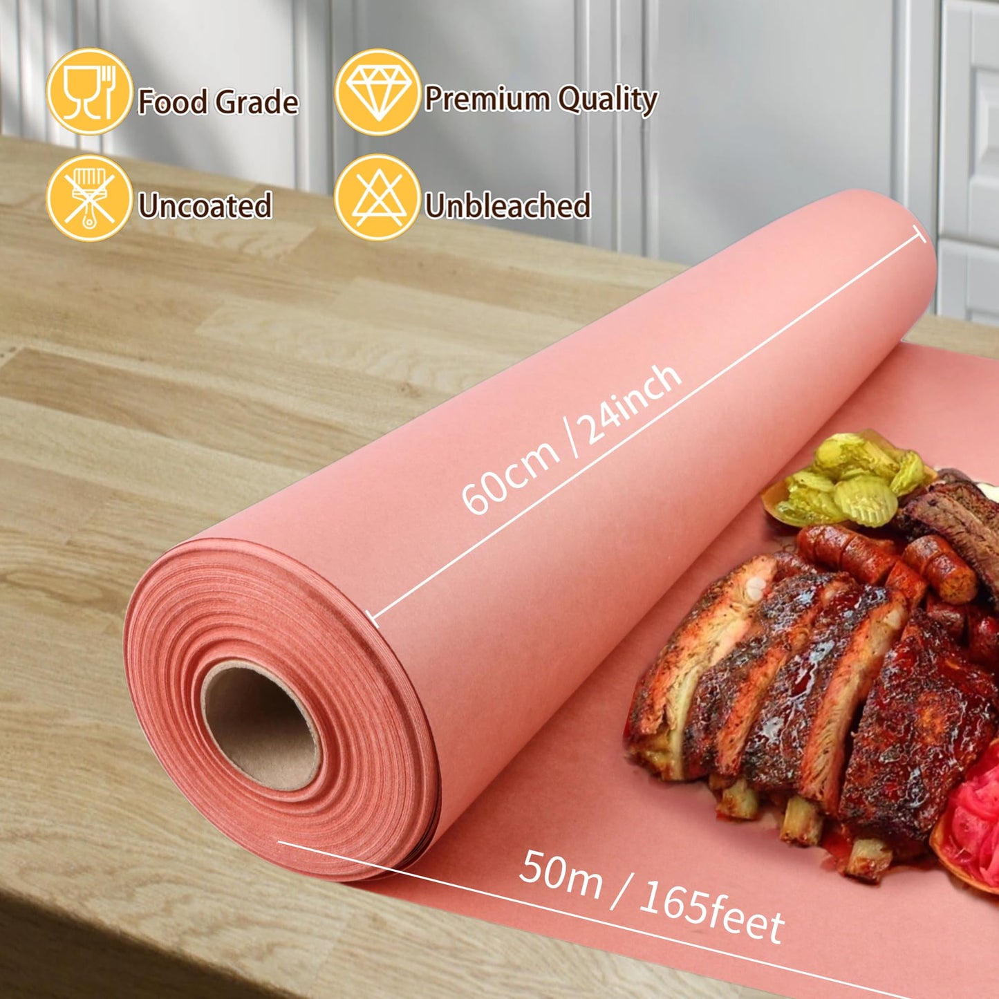 Tikxlafe Butcher Paper Roll Pink, BBQ Kraft Paper 60cm x 50m Butcher Paper for smoking meat Cooking juicy for grill, smoker, fish meat