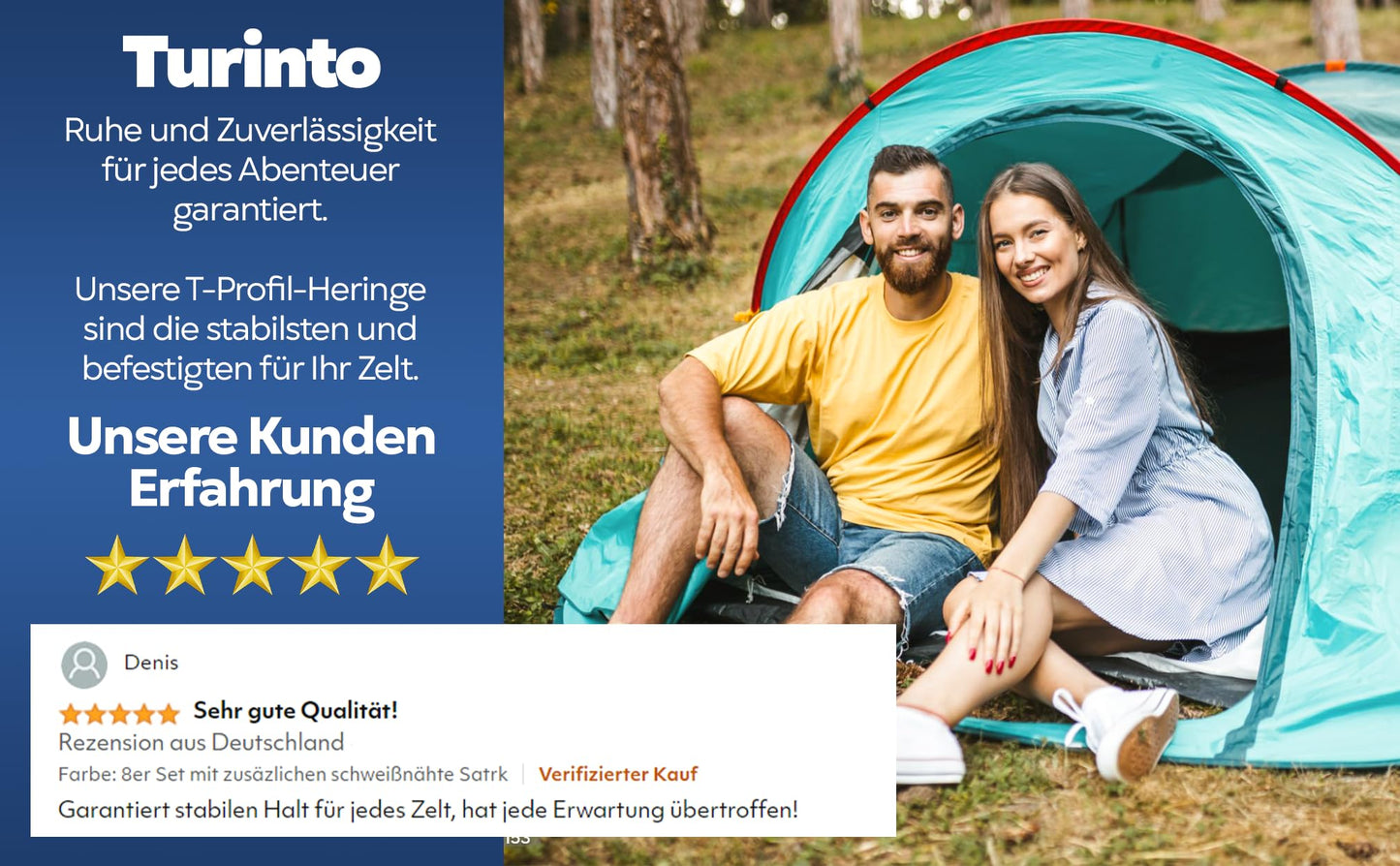Turinto® 8X Pieces sturdy tent pegs for secure camping and outdoor experiences [Extra Strong Welded Seams] made of extra strong and durable steel with T-profile for maximum stability Length 30 cm.