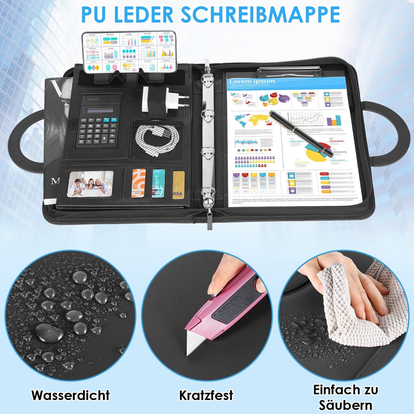 A4 writing case, A4 conference folder with phone holder, leather document folder with zipper, waterproof file folder with ring binder clipboard notepad, portfolio folder for business meeting, black.