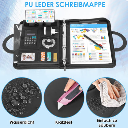 A4 writing case, A4 conference folder with phone holder, leather document folder with zipper, waterproof file folder with ring binder clipboard notepad, portfolio folder for business meeting, black.