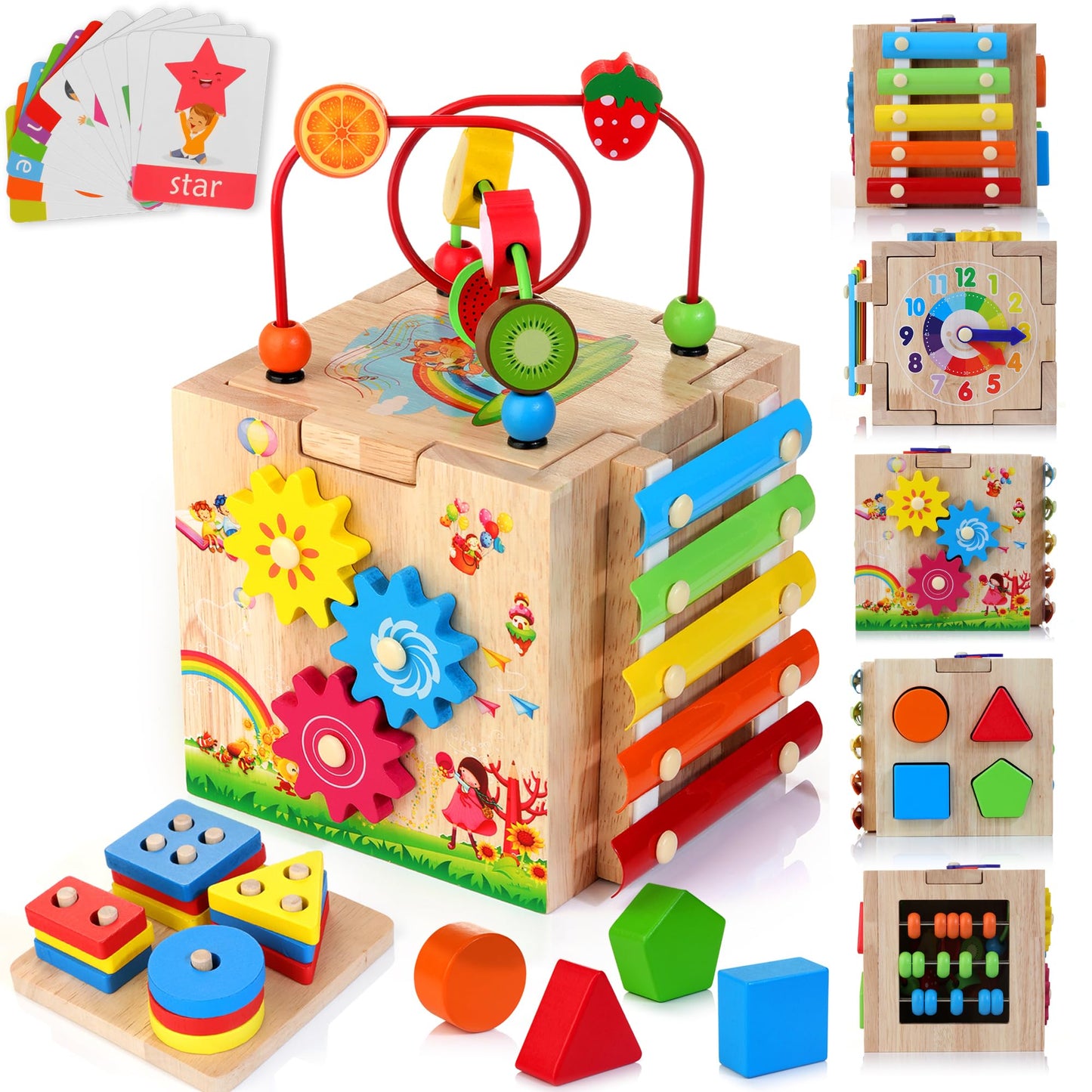 HELLOWOOD wooden activity cube 8 in 1 motor skills toy with stacking and sorting board word cards (in English) Montessori educational toy for toddlers babies 18 months and up