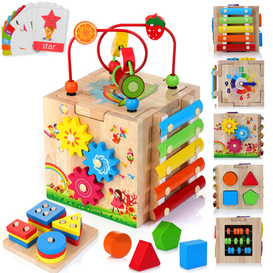 HELLOWOOD wooden activity cube 8 in 1 motor skills toy with stacking and sorting board word cards (in English) Montessori educational toy for toddlers babies 18 months and up