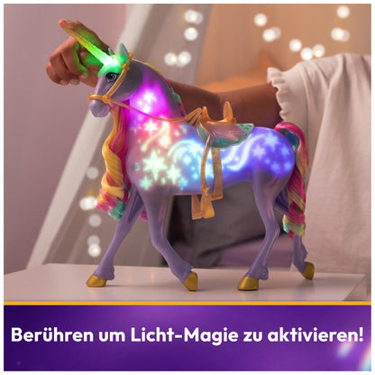 Unicorn Academy Set - Sophia and Light-Magic Wildstar, approx. 28 cm tall unicorn with light effects and music, plus 24 cm tall dress-up doll from the popular Netflix series, for kids ages 4 and up.